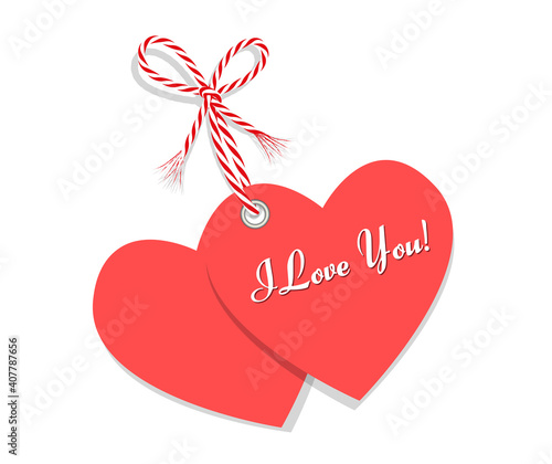 Zwei Herzen „I Love You“
gebunden mit rot-weiße Kordel Schleife,
Karte für Muttertag, Valentinstag, Hochzeit uvm
Vektor Illustration isoliert auf weißem Hintergrund

