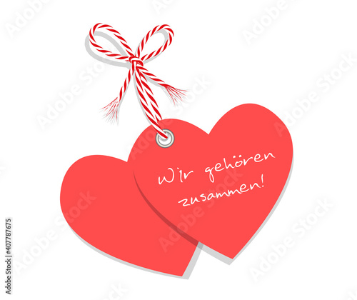 Zwei Herzen „Wir gehören zusammen“
gebunden mit rot-weiße Kordel Schleife,
Karte für Muttertag, Valentinstag, Hochzeit uvm
Vektor Illustration isoliert auf weißem Hintergrund
 photo