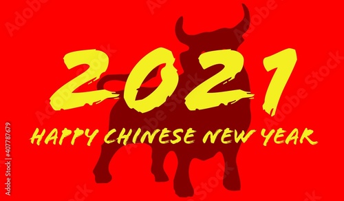 Happy Chinese New Year 2021 illustration on orange background.Year of bull.