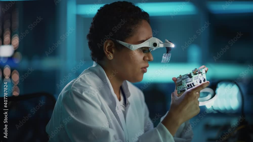 Modern Electronics Research and Development Facility: Beautiful Black Female Engineer Inspects Printed Circuit Board Motherboard. Scientist Designs Industrial PCB, Silicon Microchips, Semiconductors Modern Electronics Research and Development Facility: Beautiful Black Female Engineer Inspects Printed Circuit Board Motherboard. Scientist Designs Industrial PCB, Silicon Microchips, Semiconductors