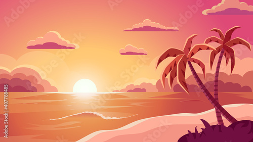 Fototapeta Naklejka Na Ścianę i Meble -  Sea sunset. Tropical landscape with ocean. Vector illustration