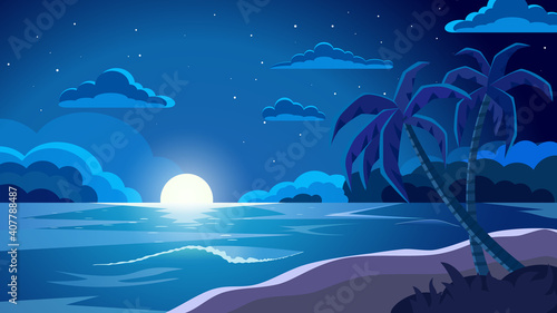 Full moon night ocean. Tropical landscape with ocean. Vector illustration