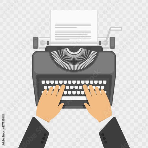 Man typing on the vintage typewriter with paper. Writing a blog, text development tools. Vector illustration in flat style. EPS 10.
