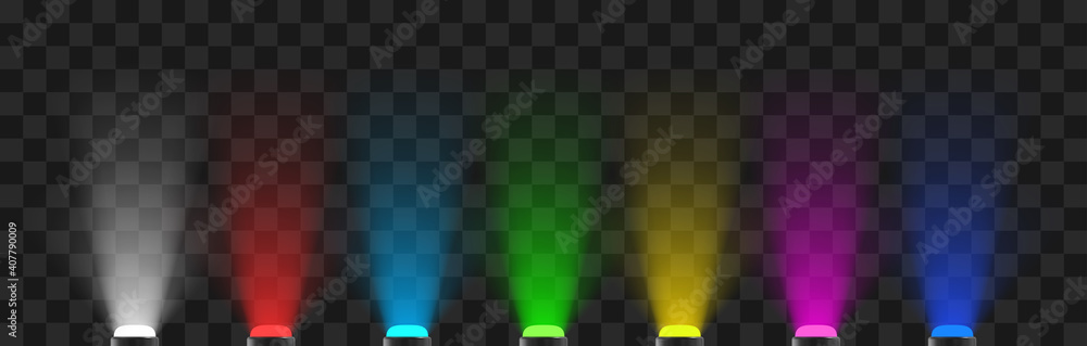 Colored spotlights with a light rays. Vector led diodes illustration. - obrazy, fototapety, plakaty 