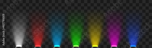 Colored spotlights with a light rays. Vector led diodes illustration.