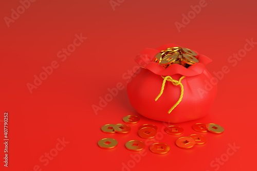 Obraz na plátně Bag full of Chinese golden coins, symbol of prosperity, isolated on red background