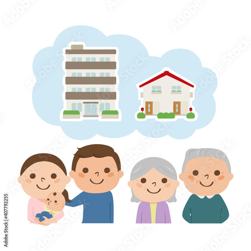 親と住む家を一軒家にするかマンションにするか選択肢を考えてる2つの夫婦のイラスト。