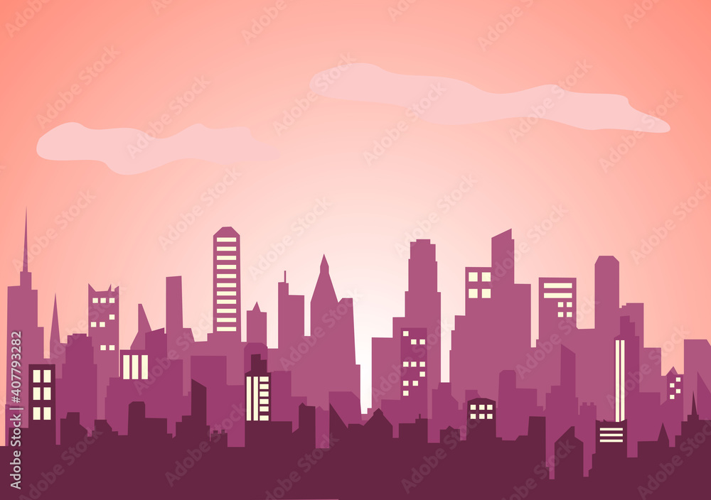 City Landscape Buildings and Architecture Silhouette Vector Background Collage Set. Illustration in Simple Geometric Flat Style