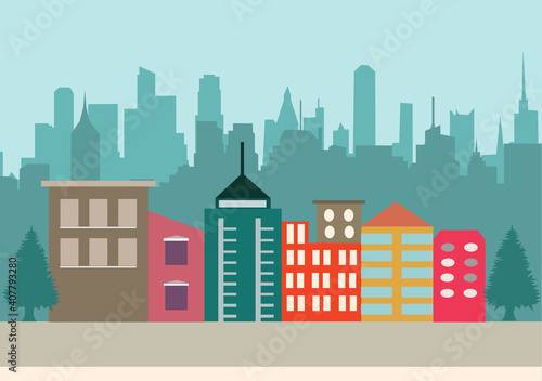 City Landscape Buildings and Architecture Silhouette Vector Background Collage Set. Illustration in Simple Geometric Flat Style