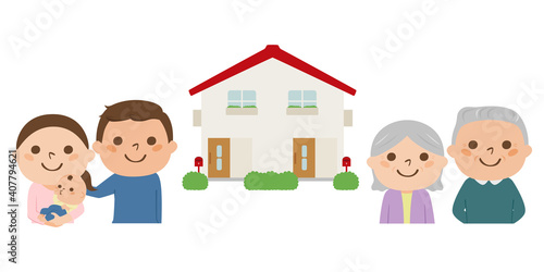 二世帯住宅のイラスト。親と住む為の二世帯住宅と2夫婦。