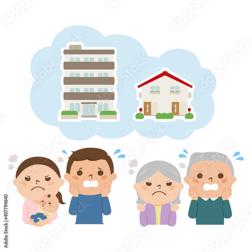 建物と怒る嫁姑のイラスト。一軒家かマンションか、トラブル発生で慌ててる夫たち。
