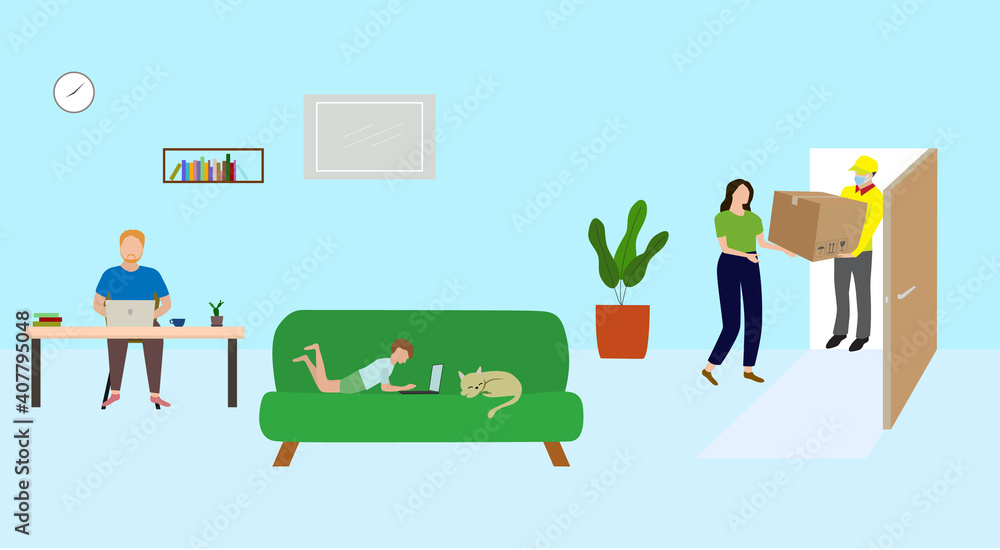 Delivery man with mask carrying a cardboard. Family receiving a package or box of goods in the house during coronavirus. Vector and illustration design.