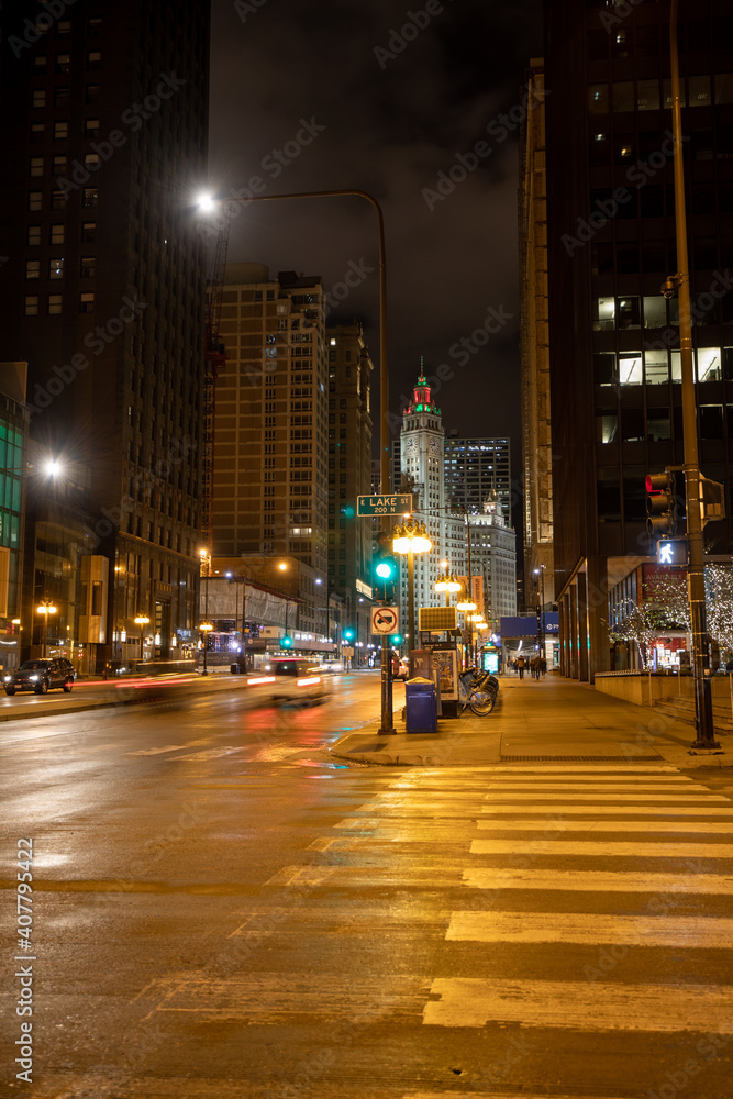 Chicago, Illinois, USA - December 23 2020: N Michigan Ave at night. Downtown Chicago.