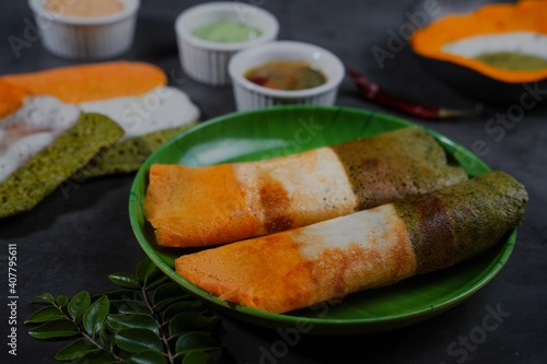 Tri color or Tri colour Dosa - Indian flag color food for republic and Independence Day, selective focus