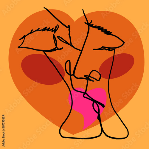 Continuous line, drawing of set faces and hairstyle, Valentine's day and Love, young couple minimalist, vector illustration pretty sexy. for t-shirt, slogan design print graphics style