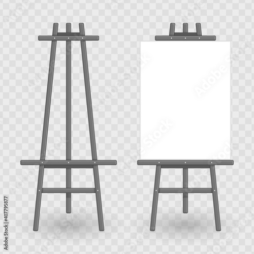 Easel template. Vector illustration of paint desk and white paper Isolated on transparent background. Blank canvas on painting easel.