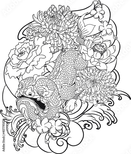 Hand drawn Monster of Buddhism tattoo ,Animal mixed between dragon and fish. Thai Language call "Morm"Himmapan's animal.