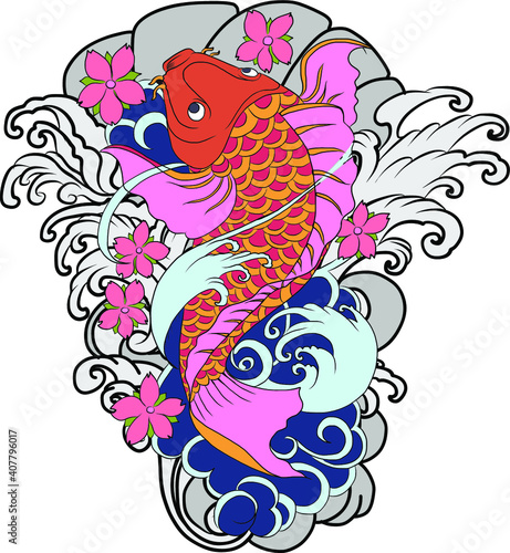 hand drawn koi fish with flower tattoo for Arm.Japanese koi carp fish isolate for arm tattoo.Design for deck surf skateboard.