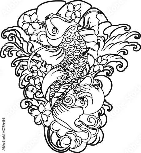 hand drawn koi fish with flower tattoo for Arm.Japanese koi carp fish isolate for arm tattoo.Design for deck surf skateboard.