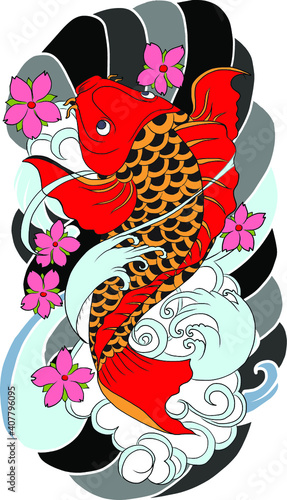 hand drawn koi fish with flower tattoo for Arm.Japanese koi carp fish isolate for arm tattoo.Design for deck surf skateboard.