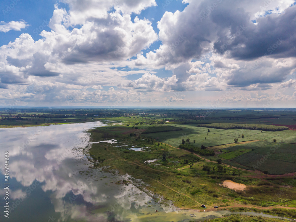 Drone shot aerial view scenic landscape of river reservoir dam and the forest
