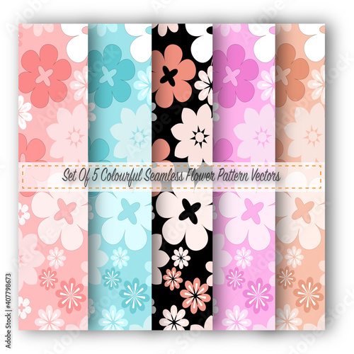 Set Of 5 Colourful Seamless Flower Vector Patterns - Wallpaper - Textile - Scrapbooking - Background