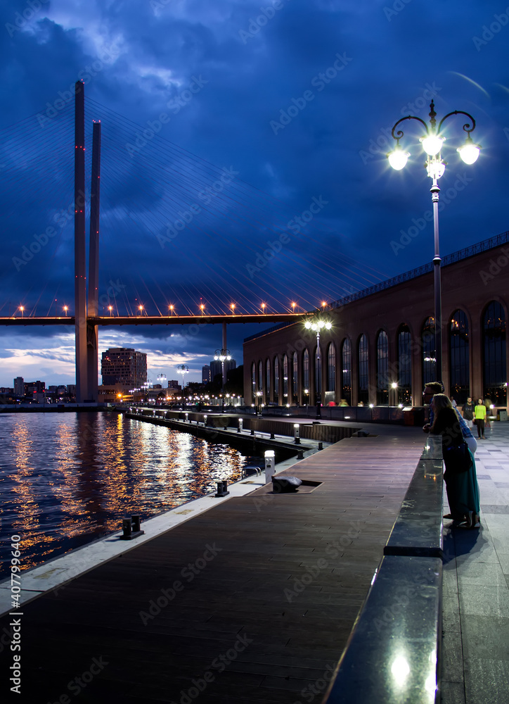 Fototapeta premium Night bridge on the embankment
