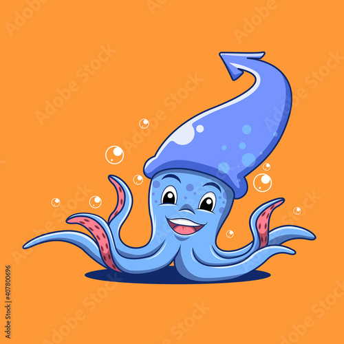 cute smiling squid cartoon illustration on orange background with lots of bubbles