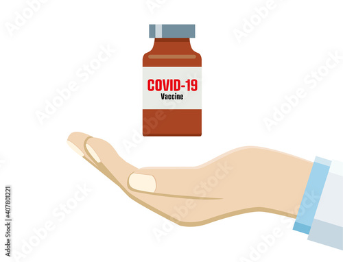 イラスト医師の手の上に新型コロナウィルスのワクチンcovid-19医療vacine