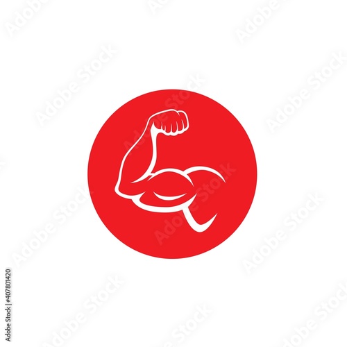 Biceps muscle icon logo vector design template. Strong arm, muscle arm logo vector illustration on red circle background