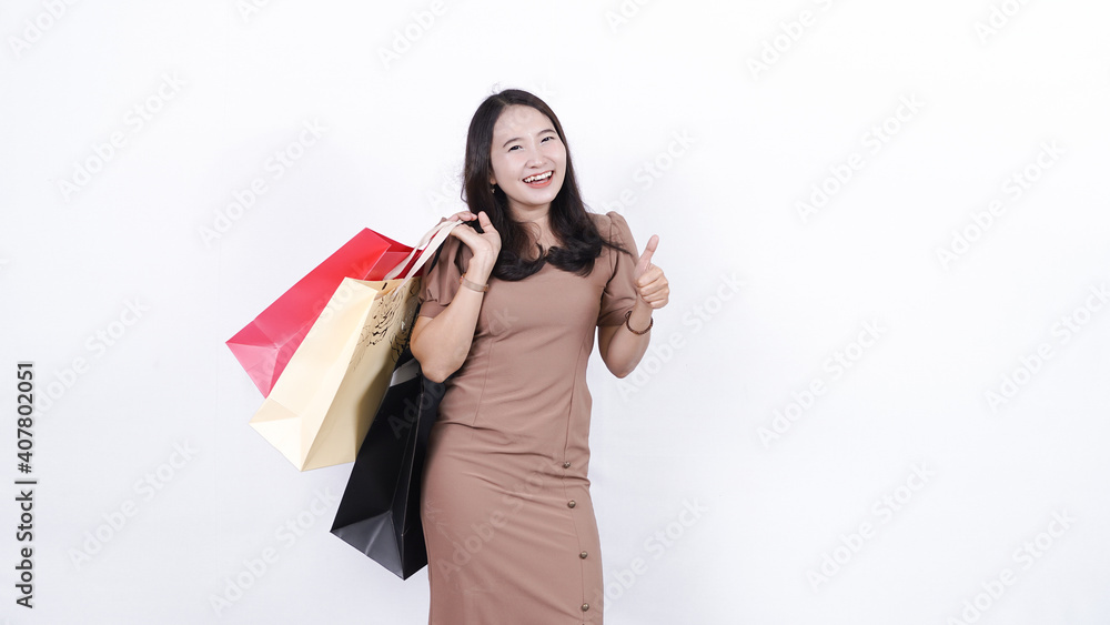 cheerful asian woman shopping isolated white background cheerful asian woman shopping isolated white background