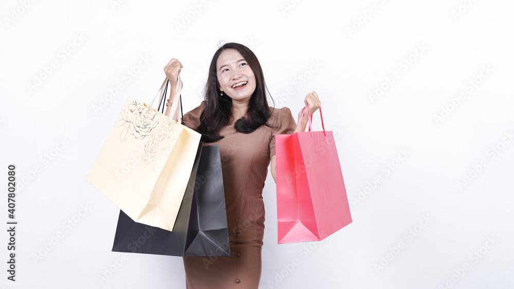 cheerful asian woman shopping isolated white background cheerful asian woman shopping isolated white background