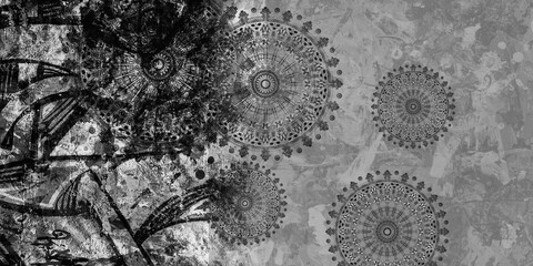 Foto auf Leinwand Mandala mandala Black and white vintage art, ancient Indian vedic background design artistic work, old painting texture with multiple mathematical shapes  © RAKR