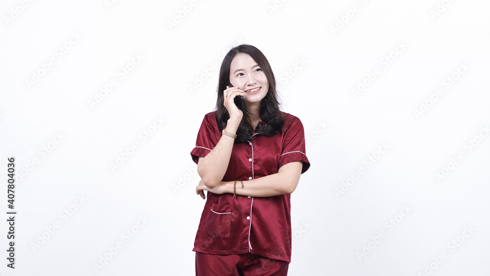 woman wearing pajama calling isolated white background woman wearing pajama calling isolated white background