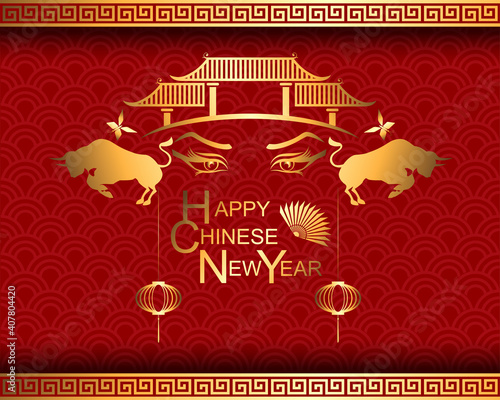 Abstract chinese new year 2021 with Traditional Chinese Wording, Year of Bull. The meaning are Lucky and Happy. Vector and Illustration, EPS 10