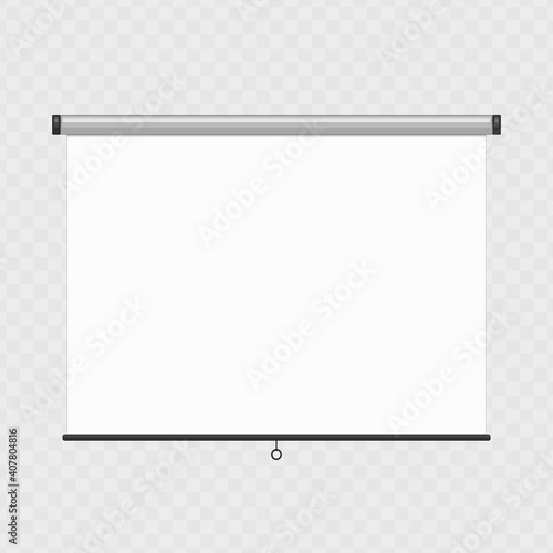 The hanging projection screen isolated on transparent background. Empty presentation board, blank whiteboard for conference.