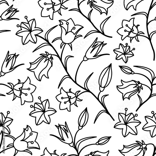 A seamless pattern with bell flowers. Black contour on a white background. Vector illustration.