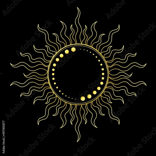 Decorative sun. Vector illustration isolated on a black background.