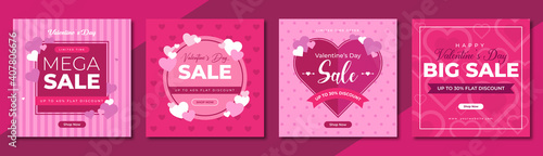 Valentines day mega sale social media post template design. Brand business promotion banner, poster & flyer for digital marketing. Creative web banner with logo, heart icon & valentine background.
