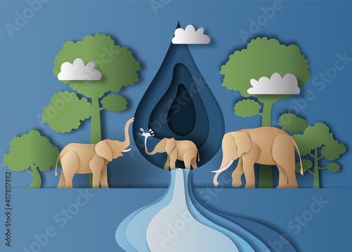 World Water Day, save water, a landscape of elephant family with water drop and trees background, paper illustration and 3d paper.