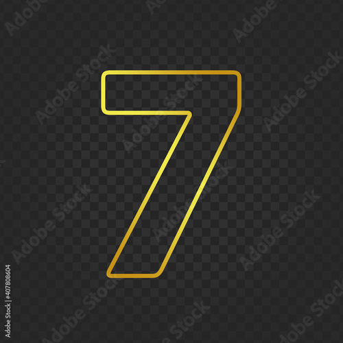 Gold glittering number seven on transparent background. Shining golden number 7 of sparkles. Luxury Golden Glitter elegant celebration design for decoration wedding, anniversary, party, label