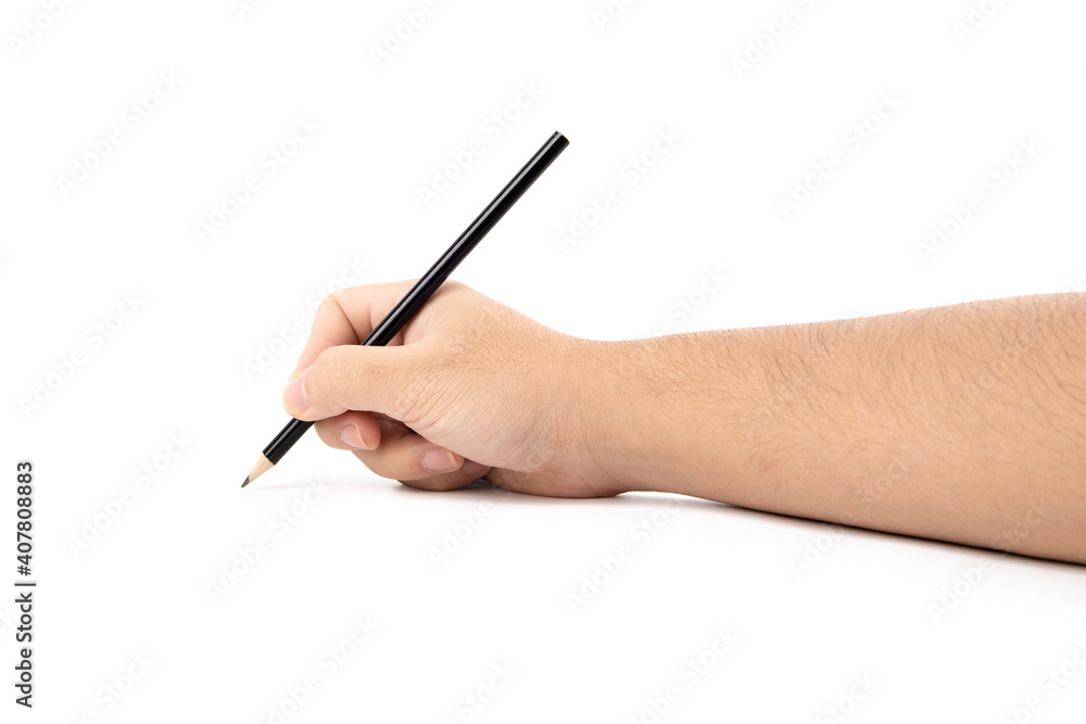Man hands holding pencil, writing, drawing, pointing isolated on white background Man hands holding pencil, writing, drawing, pointing isolated on white background