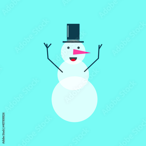 funny smiling snowman in black topper hat on blue background, Christmas and winter joy, flat design