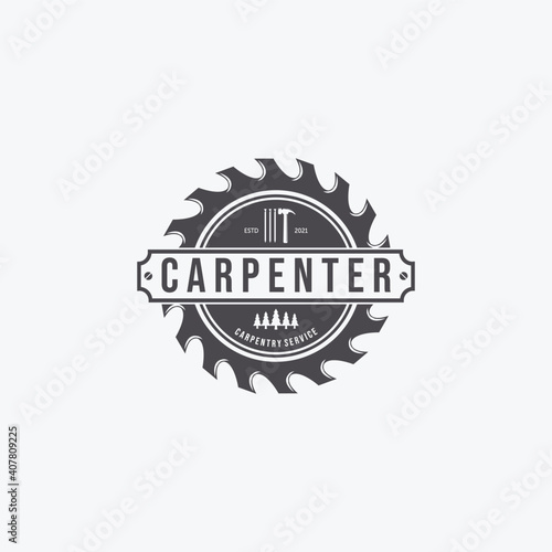 Wood Saw Logo Vector, Design of Chainsaw Vintage, Illustration of Sawmill Concept, Simply Wooden Cut