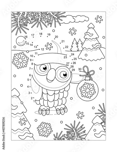 Owl with ornament full page connect the dots puzzle and coloring page

