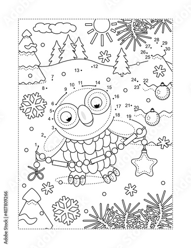 Owl with garland full page connect the dots puzzle and coloring page

