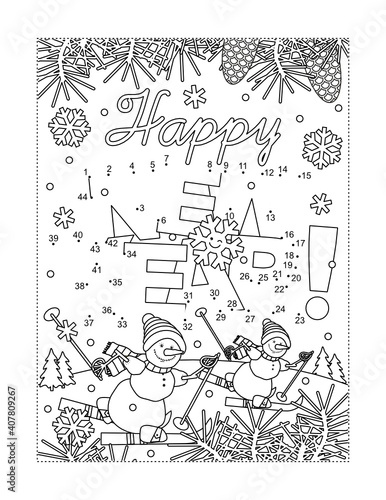 Happy New Year greeting full page connect the dots puzzle and coloring page wth greeting text and two skiing snowmen in winter scene
