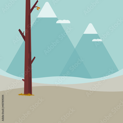 lonely tree with just a few leaves on it  mountains and clouds on background  autumn scape  flat vector illustration