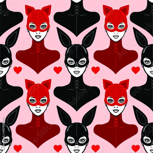 Seamless background - animation portrait of the bbeautiful girls in a  latex suit and mask cat and rabbit. Template for erotic content. Vector illustration. Print, poster, t-shirt, fabric, wall-paper.