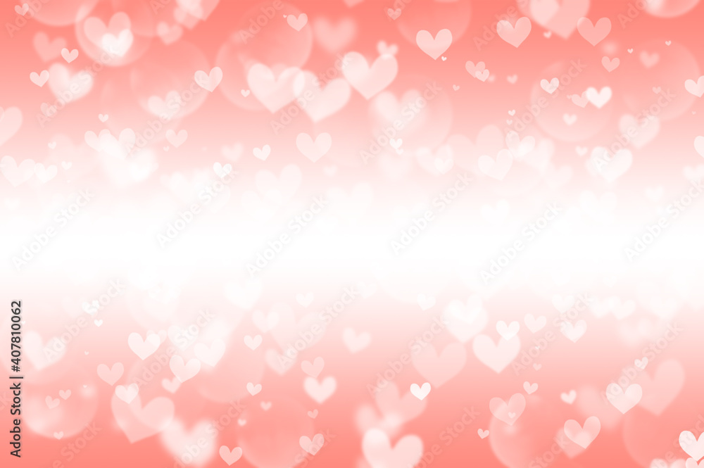 Many white hearts of different sizes on a peach background, abstraction
